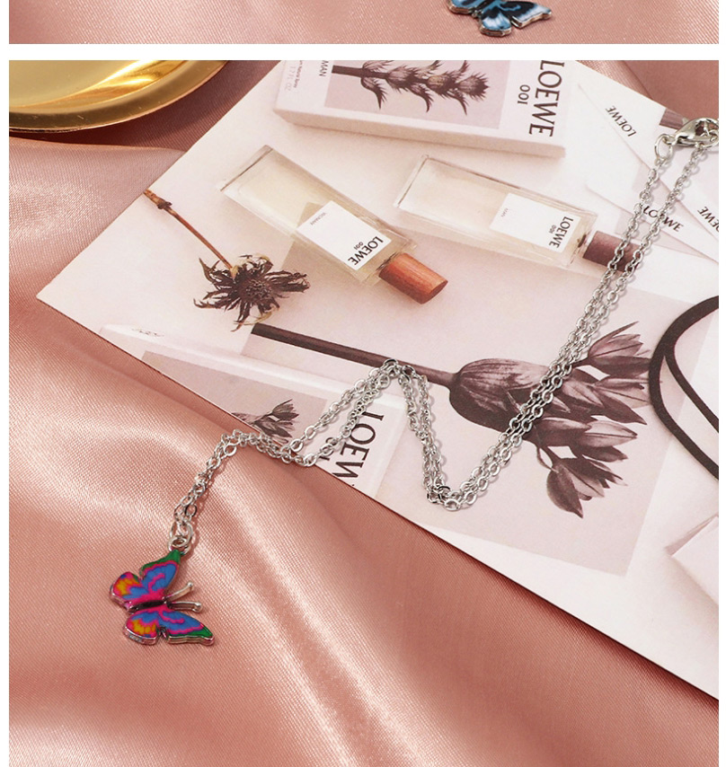 Fashion Pink + Champagne Alloy Diamond butterfly shape decorated necklace,Pendants
