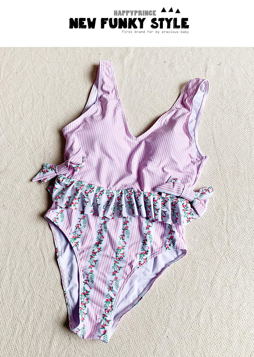 Fashion Pink Printed Ruffle Stripe One-piece Swimsuit,One Pieces
