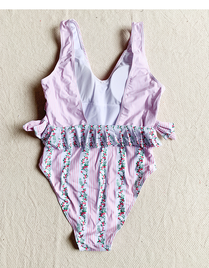Fashion Pink Printed Ruffle Stripe One-piece Swimsuit,One Pieces
