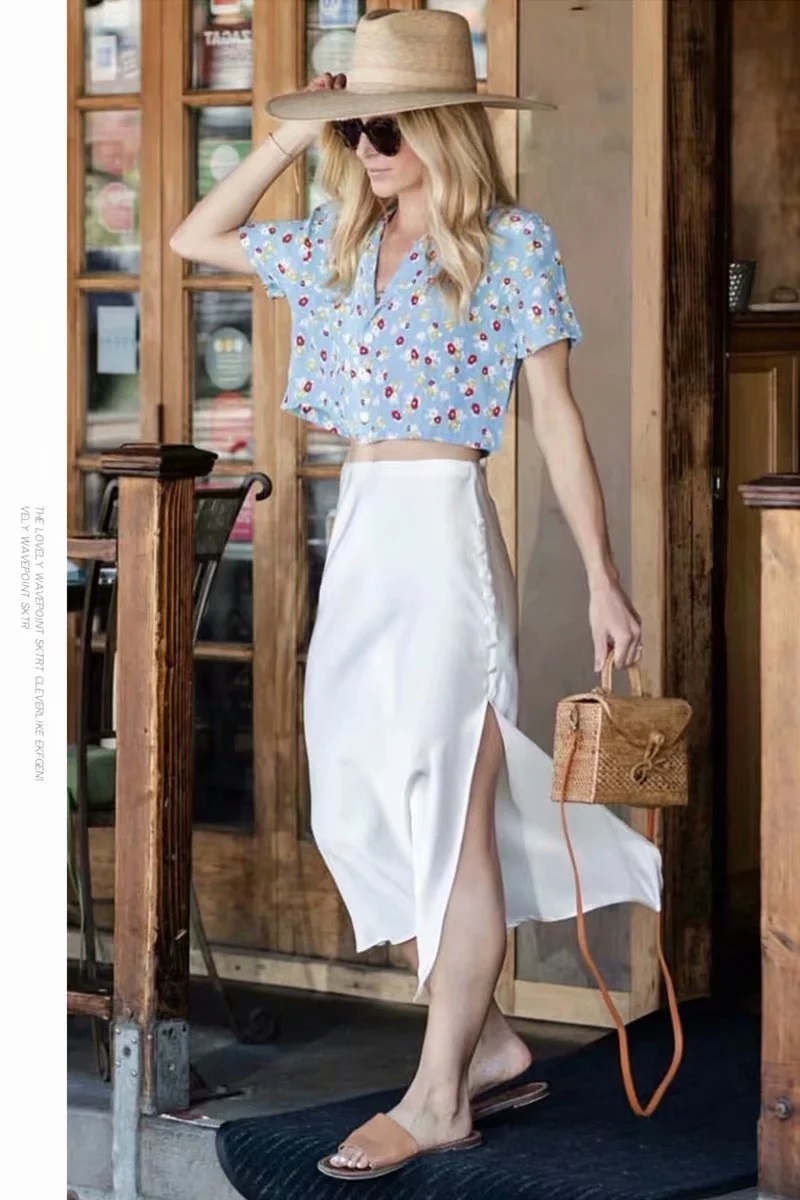 Fashion Beige Button Split Satin Solid Skirt,Skirts