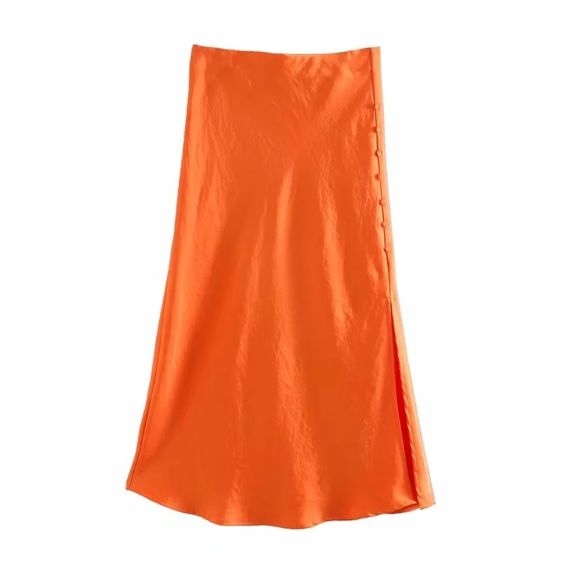 Fashion Orange Button Split Satin Solid Skirt,Skirts