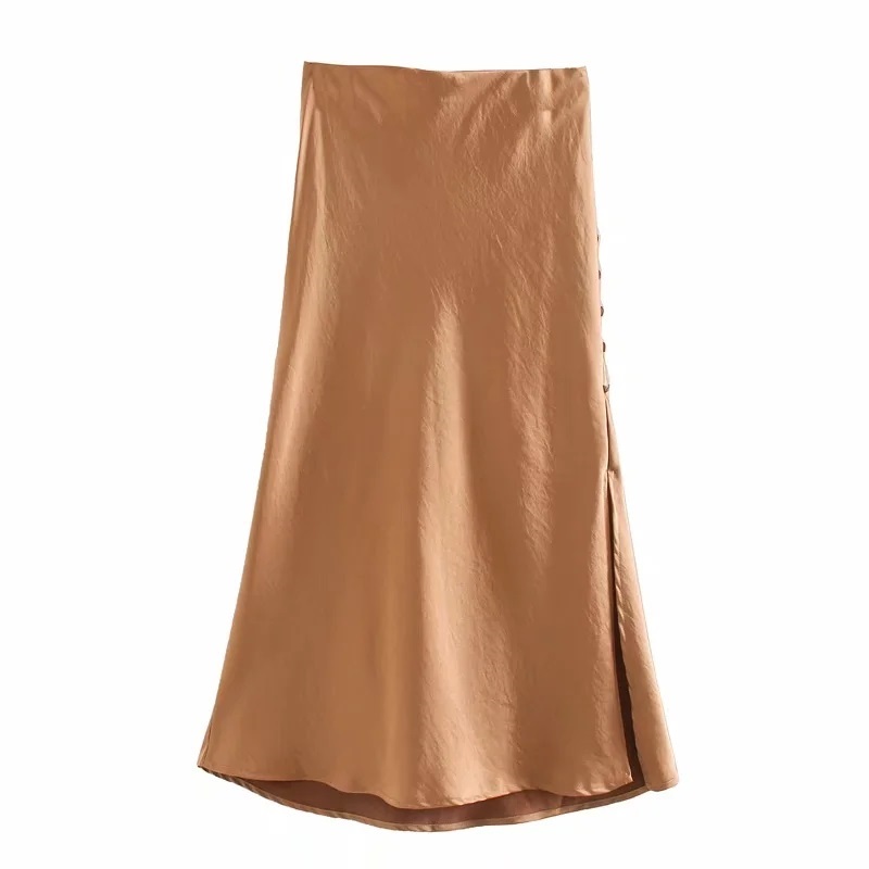 Fashion Brown Button Split Satin Solid Skirt,Skirts