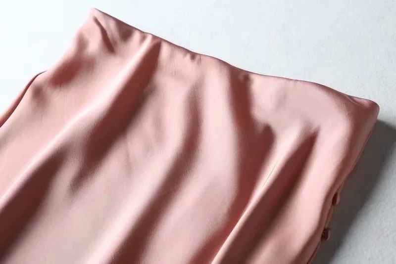 Fashion Pink Button Split Satin Solid Skirt,Skirts