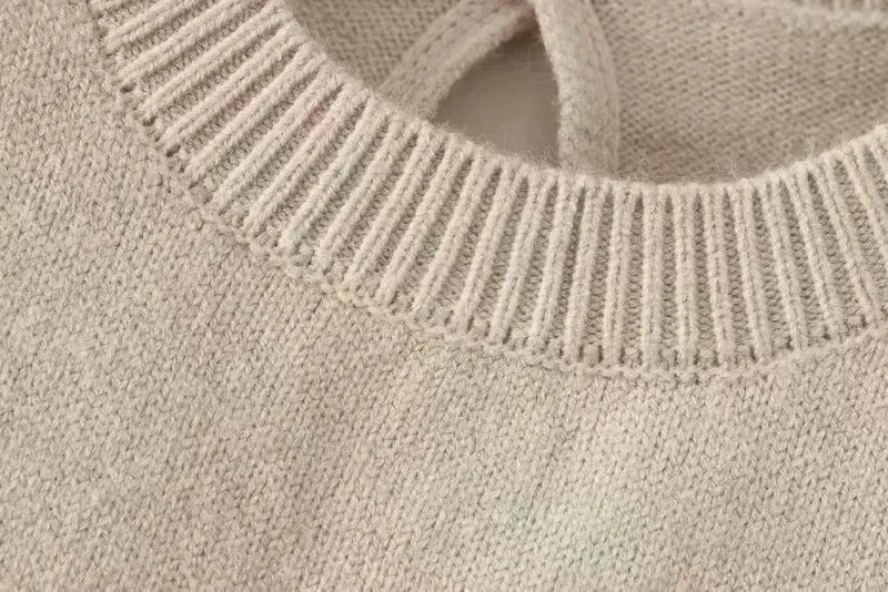 Fashion Beige Round Neck Back Corded Yarn Vest,Sweater
