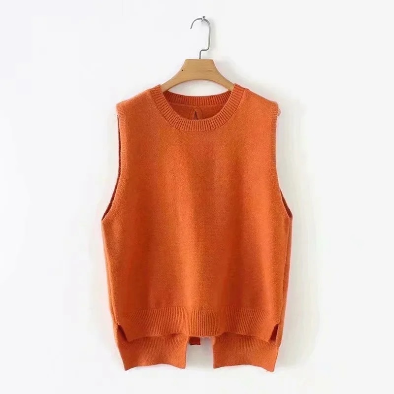Fashion Orange Round Neck Back Corded Yarn Vest,Sweater