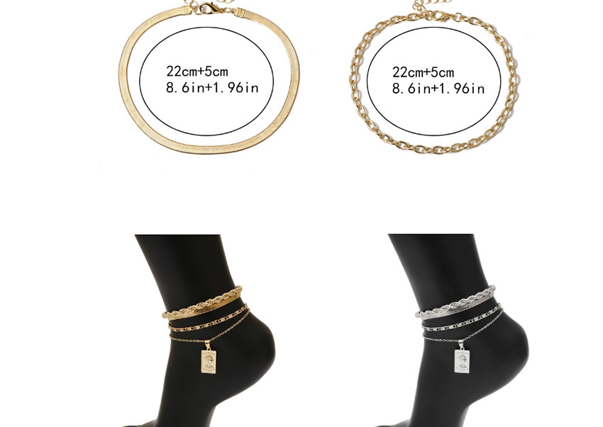 Fashion Golden Chain Square Brand Portrait Multilayer Anklet Set,Fashion Anklets