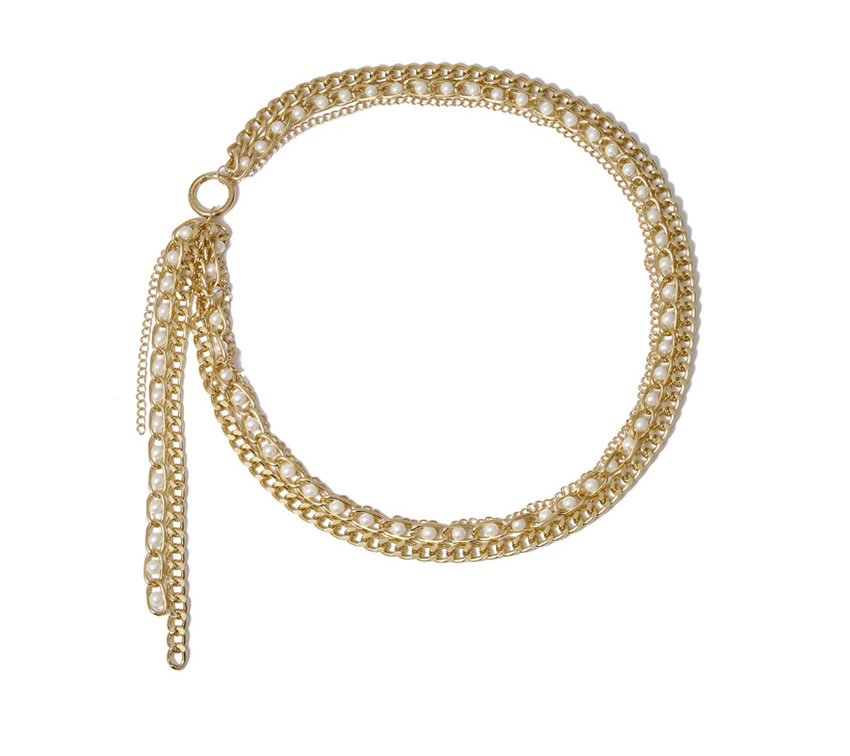 Fashion Golden Multi-layer Thick Chain Tassel Imitation Pearl Inlaid Chain Waist Chain,Waist Chain