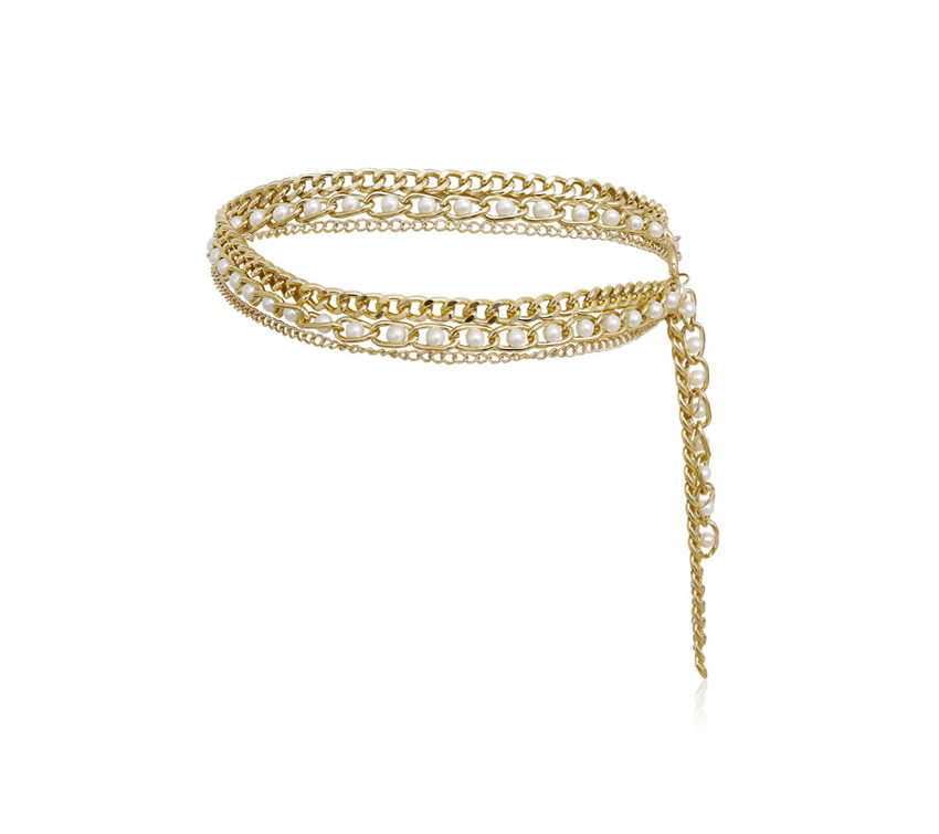 Fashion Golden Multi-layer Thick Chain Tassel Imitation Pearl Inlaid Chain Waist Chain,Waist Chain