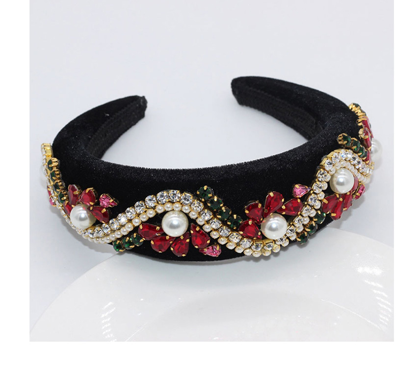 Fashion Black + Red Sponge Diamond Pearl Wave Flower Alloy Hair Band,Head Band
