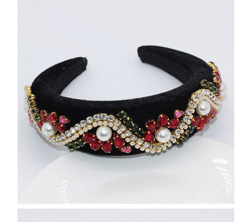 Fashion Black + Red Sponge Diamond Pearl Wave Flower Alloy Hair Band,Head Band