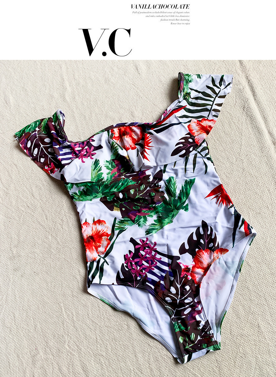 Fashion Color Foliage Floral Print Ruffle One Piece Swimsuit,One Pieces