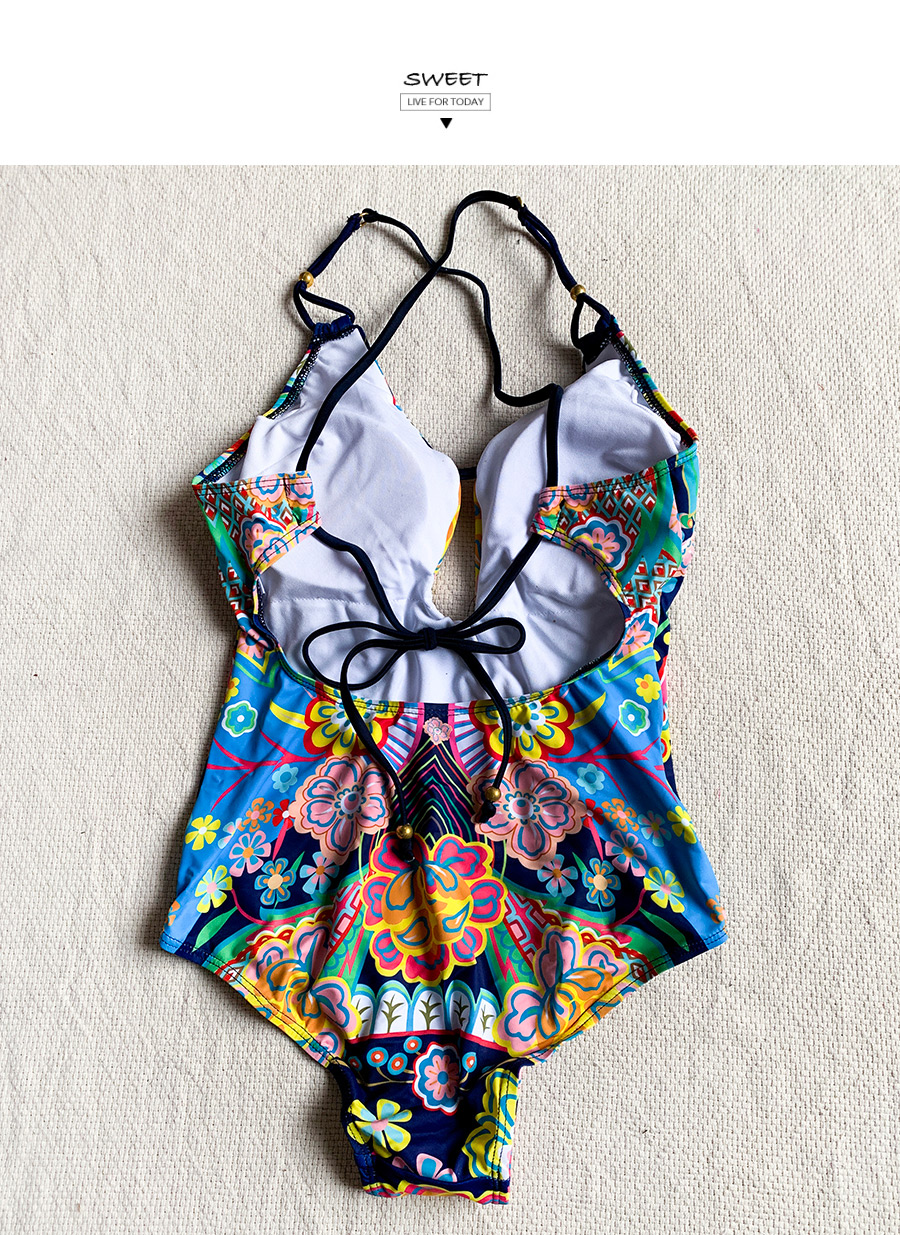 Fashion Color Geometric Print Sling Swimsuit,One Pieces