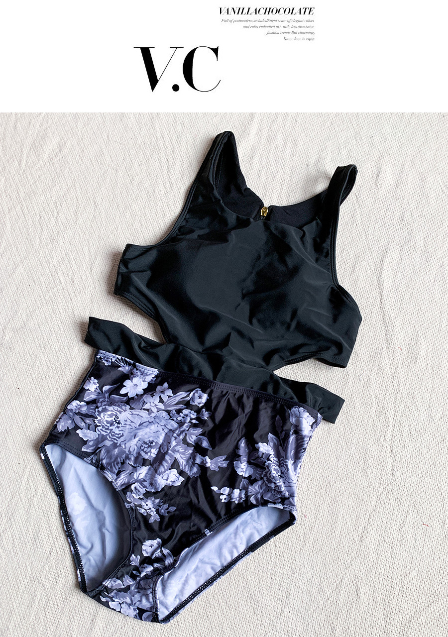 Fashion Black Flower Print Cutout One-piece Swimsuit,One Pieces