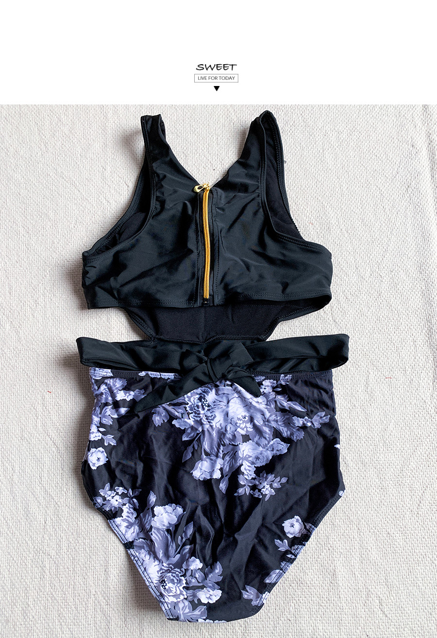 Fashion Black Flower Print Cutout One-piece Swimsuit,One Pieces