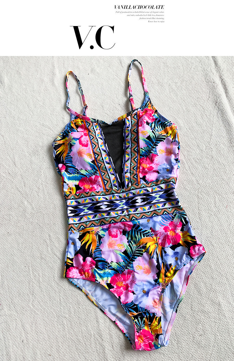 Fashion Flower Print Floral Print Stitching Lace One-piece Swimsuit,One Pieces