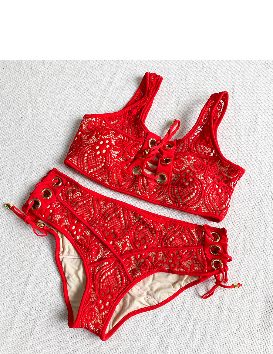 Fashion Red Tie Strap Lace Metal Ring Split Swimsuit,Bikini Sets