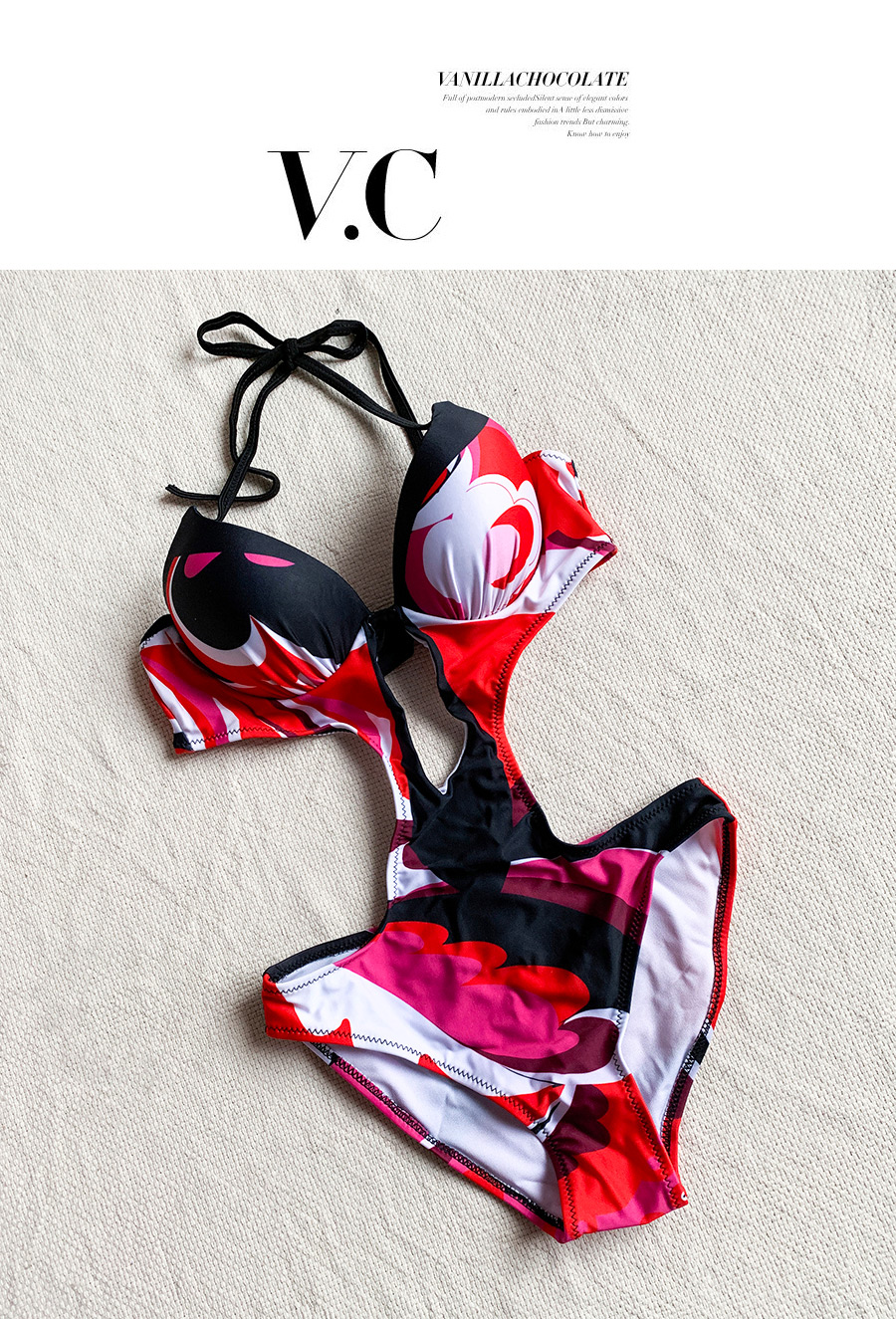 Fashion Red Geometric Print Tether Strap Cutout Leaky Back One-piece Swimsuit,One Pieces