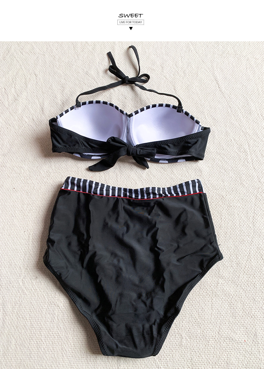 Fashion Black Polka-dot Printed Paneled Striped Tether Buckle High Waist Split Swimsuit,Bikini Sets