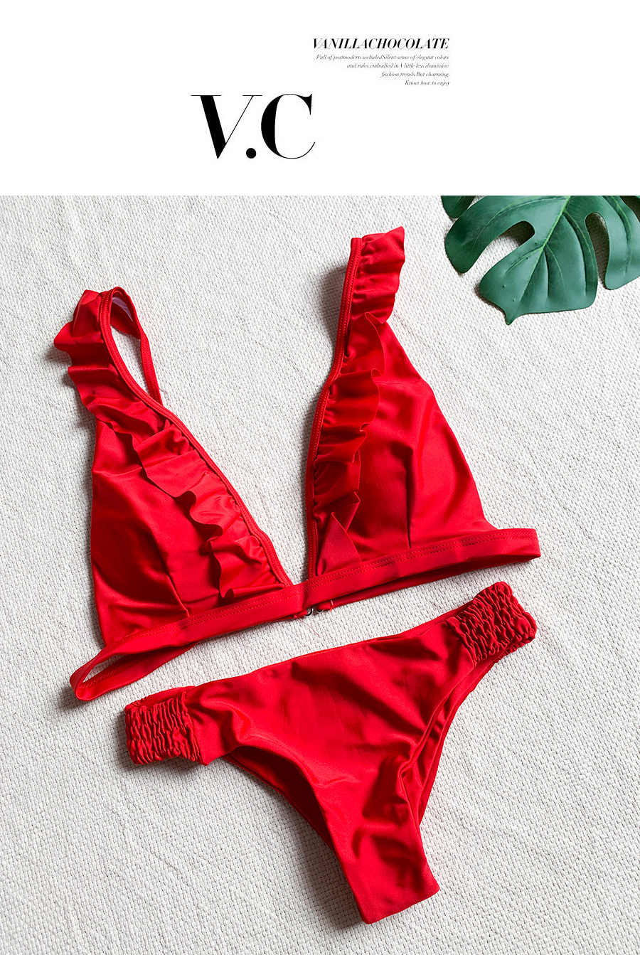 Fashion Red Fungus Printed Deep V-neck Elastic Band Split Swimsuit,Bikini Sets