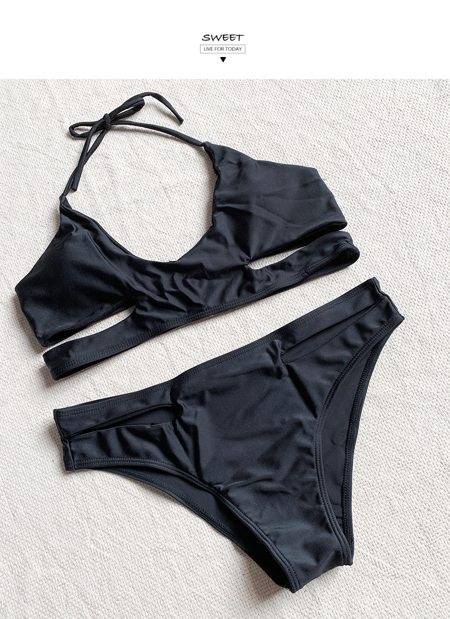 Fashion Black Tie Strap Cutout Low Waist Split Swimsuit,Bikini Sets