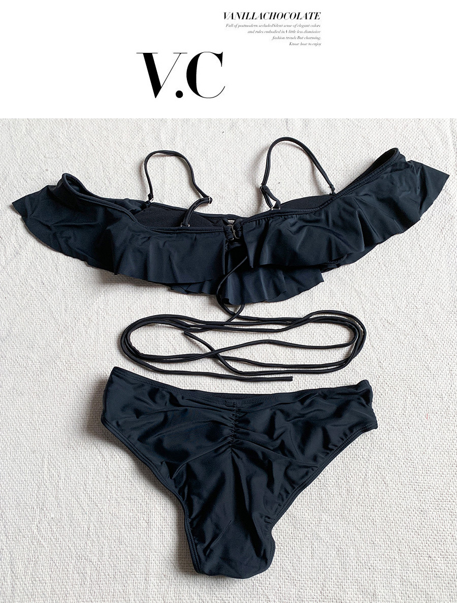Fashion Black Tie-strap Ruffled Low-waist Split Swimsuit,Bikini Sets