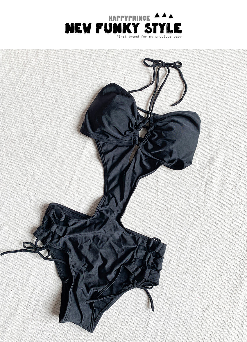 Fashion Black Drawstring One-piece Swimsuit,One Pieces