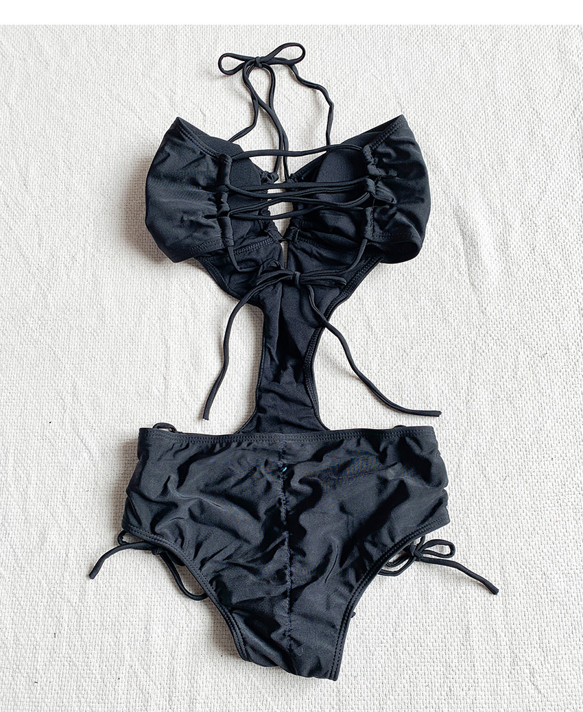 Fashion Black Drawstring One-piece Swimsuit,One Pieces