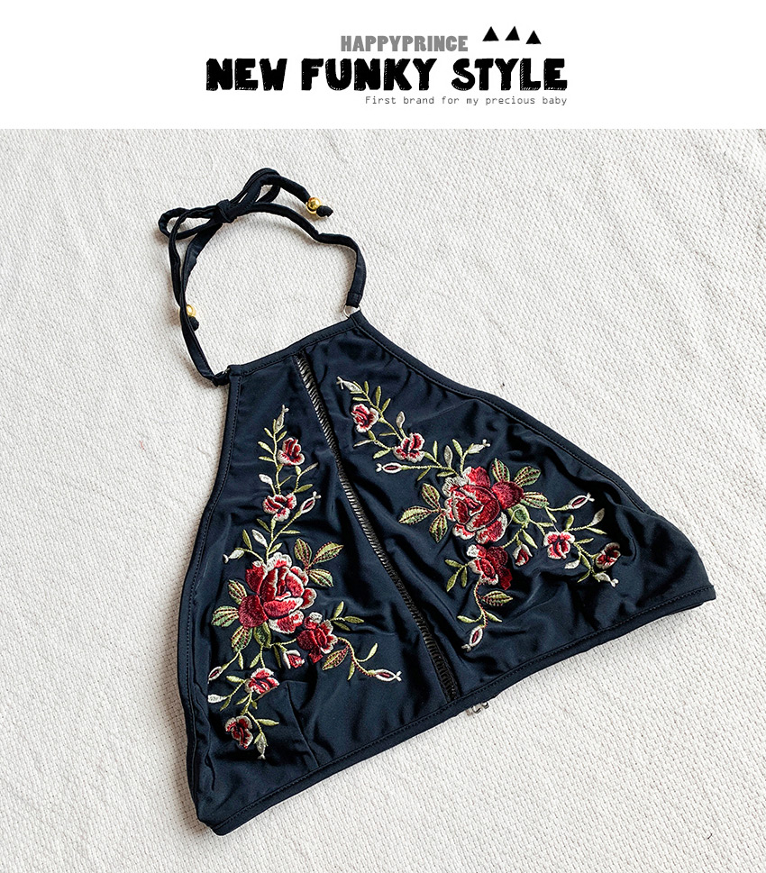 Fashion Black Embroidered Floral Tie Split Swimsuit,Bikini Sets