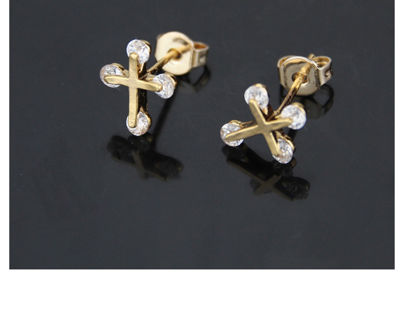Fashion Gold-plated White Zirconium Small Studded Cross Earrings With Zirconium,Earrings