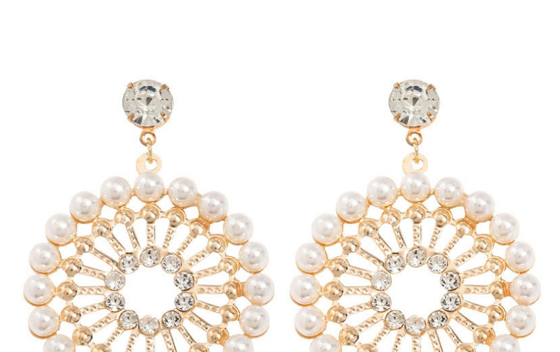 Fashion Golden Round Alloy Diamond And Pearl Openwork Earrings,Drop Earrings