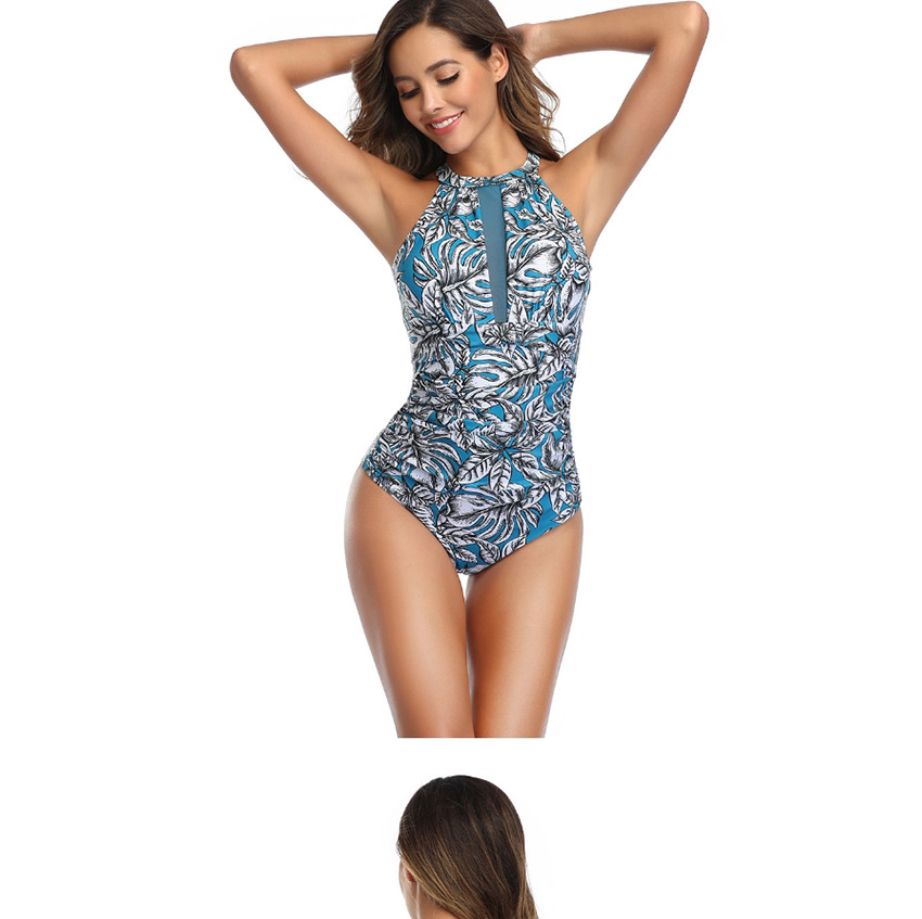 Fashion Pink Leaf Print Paneled One Piece Swimsuit,One Pieces