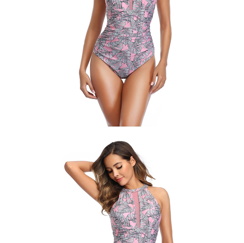 Fashion Pink Leaf Print Paneled One Piece Swimsuit,One Pieces
