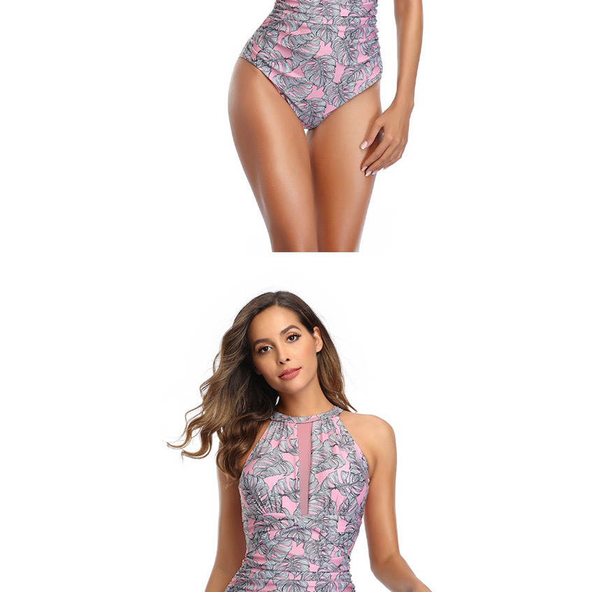 Fashion Blue Leaf Print Paneled One Piece Swimsuit,One Pieces