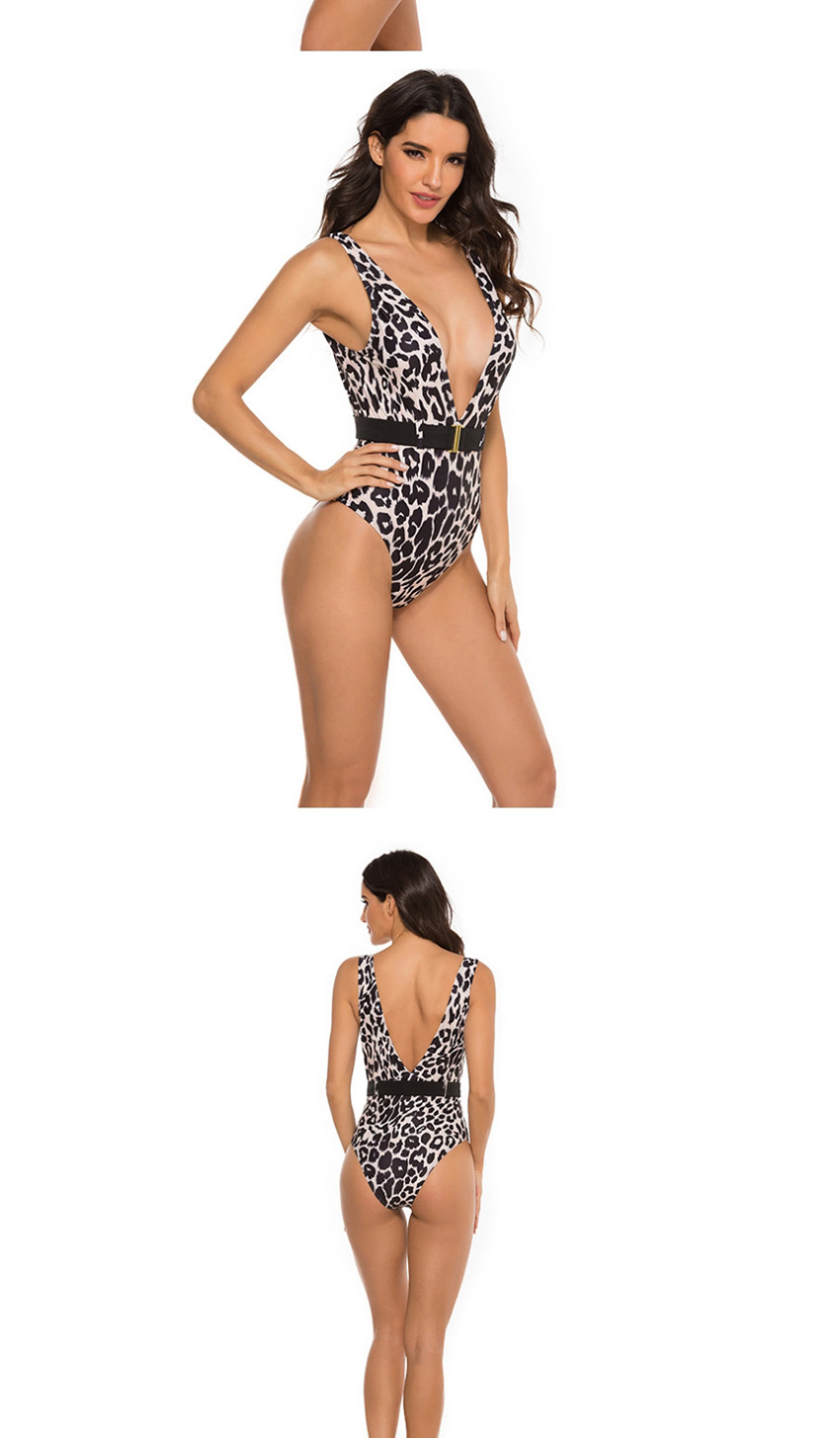 Fashion Red Leopard Print V-neck Snap Belted One-piece Swimsuit,One Pieces