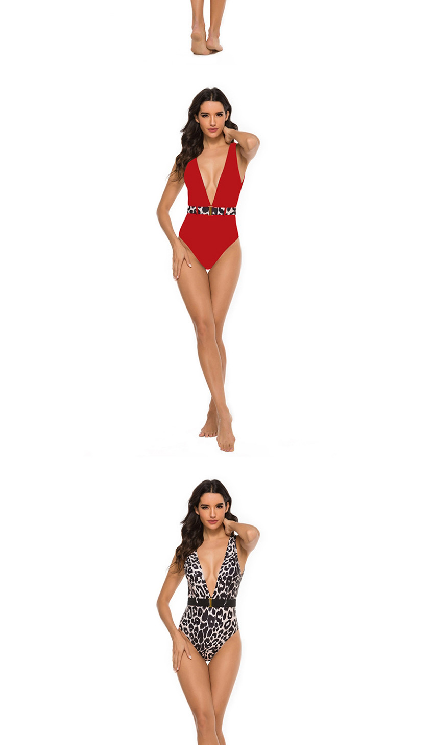 Fashion Red Leopard Print V-neck Snap Belted One-piece Swimsuit,One Pieces