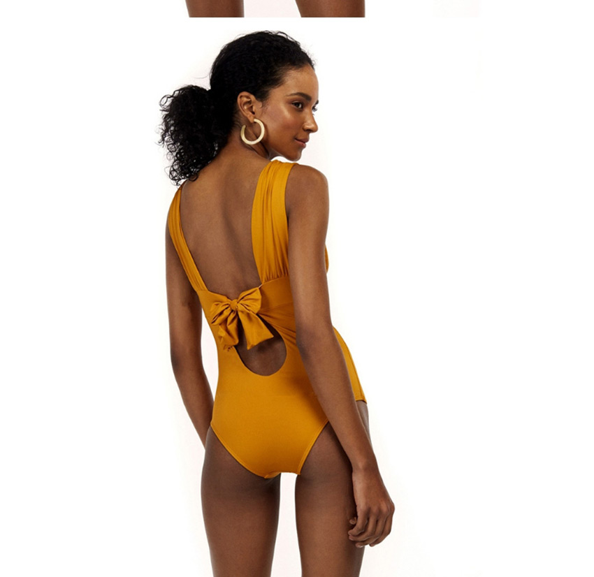 Fashion Yellow Pleated Printed V-neck Patchwork Swimsuit,Cover-Ups