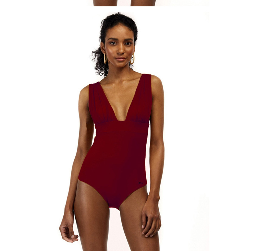 Fashion Wine Red Pleated Printed V-neck Patchwork Swimsuit,Cover-Ups
