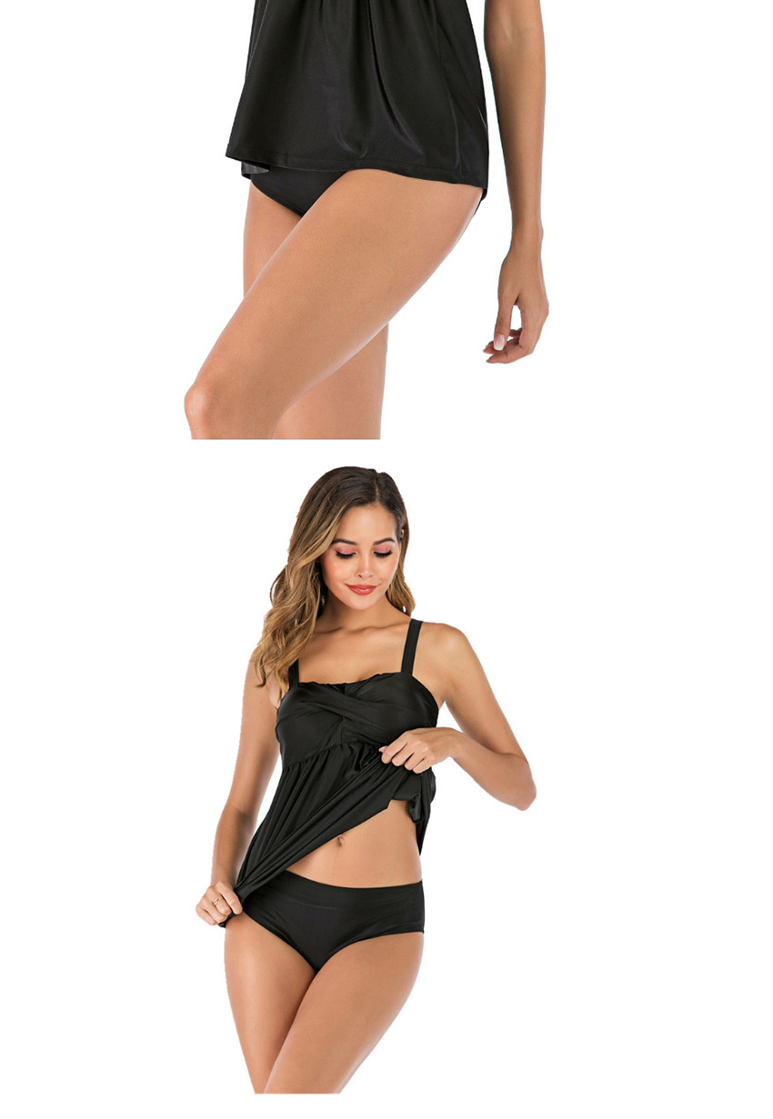Fashion Black Pleated Plus Size Sleeveless Split Swimsuit,Cover-Ups