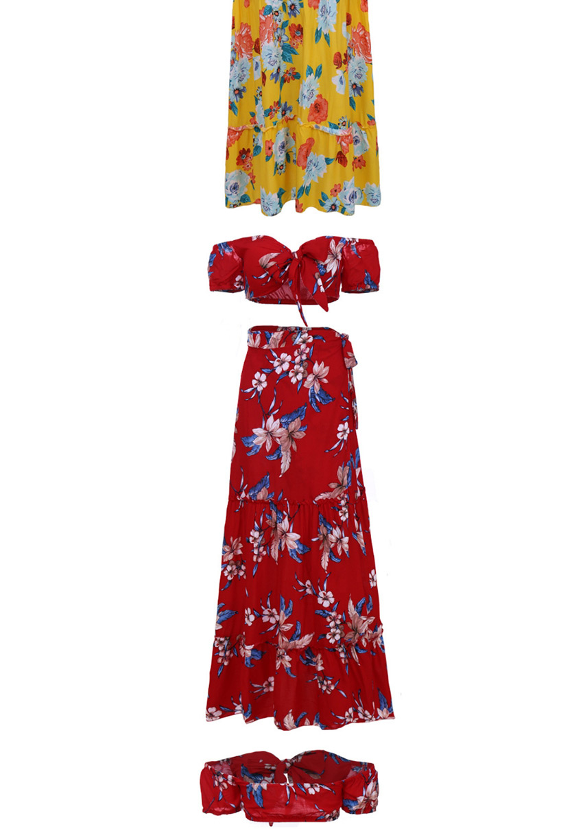 Fashion Red Flower Print Wrap Chest Strapless Top + Split Long Skirt Two-piece Suit,Tank Tops & Camis