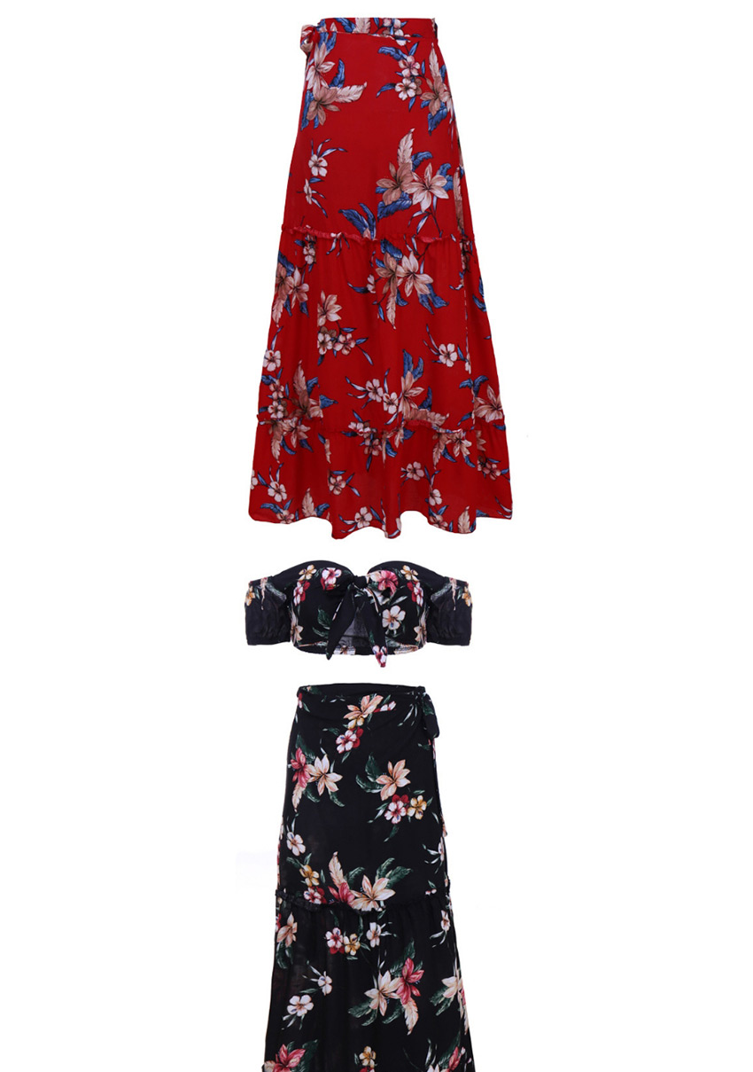 Fashion Black Flower Print Wrap Chest Strapless Top + Split Long Skirt Two-piece Suit,Tank Tops & Camis