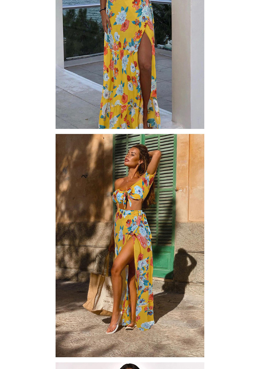 Fashion Yellow Flower Print Wrap Chest Strapless Top + Split Long Skirt Two-piece Suit,Tank Tops & Camis