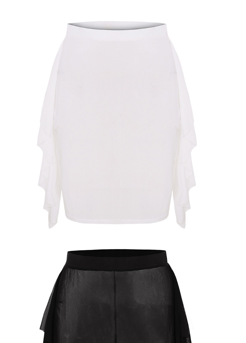 Fashion White Mesh Stitching Cutout High Waist Solid Skirt,Skirts
