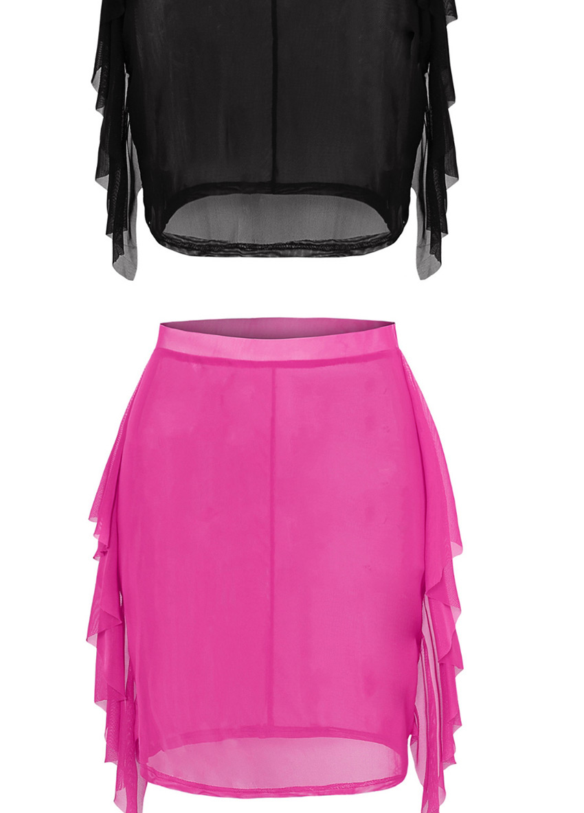 Fashion Black Mesh Stitching Cutout High Waist Solid Skirt,Skirts