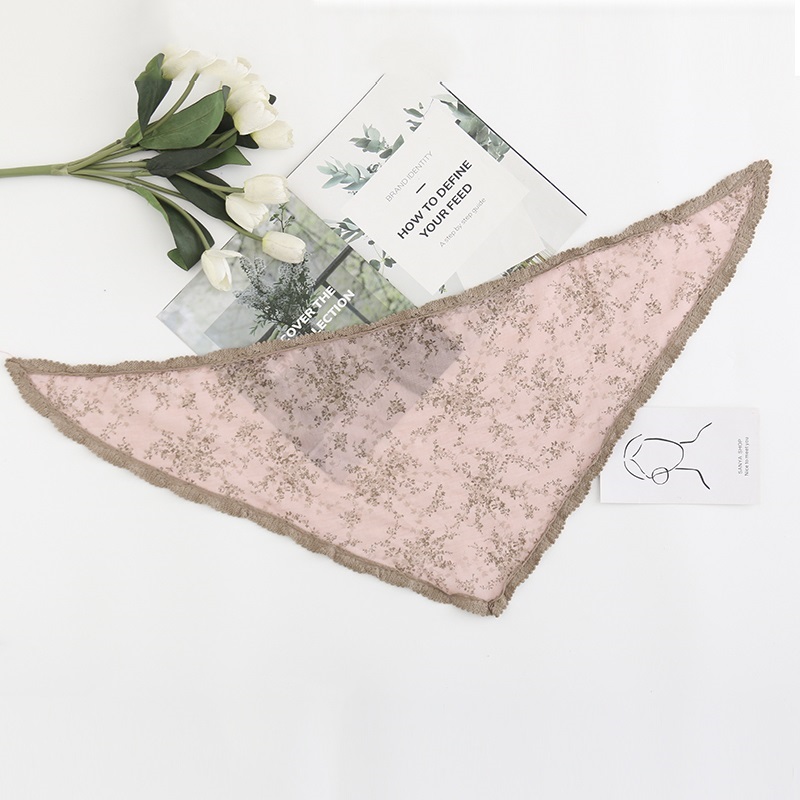 Fashion Beige Cotton Contrast Color Lace Small Floral Triangle Scarf,Thin Scaves