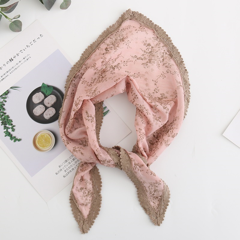 Fashion Pink Cotton Contrast Color Lace Small Floral Triangle Scarf,Thin Scaves