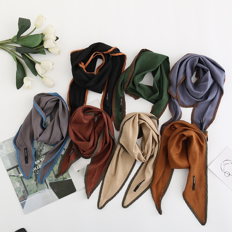Fashion Caramel Colour Contrast-edging Plain Cotton And Linen Rhombus Scarf,Thin Scaves