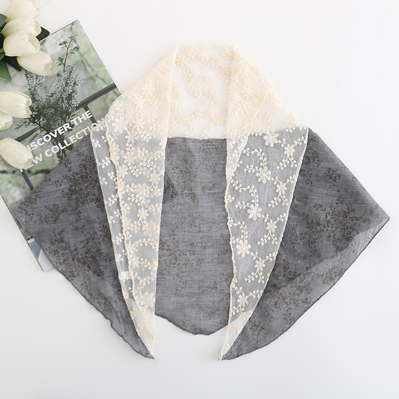 Fashion Denim Blue Small Floral Lace Stitching Triangle Scarf,Thin Scaves