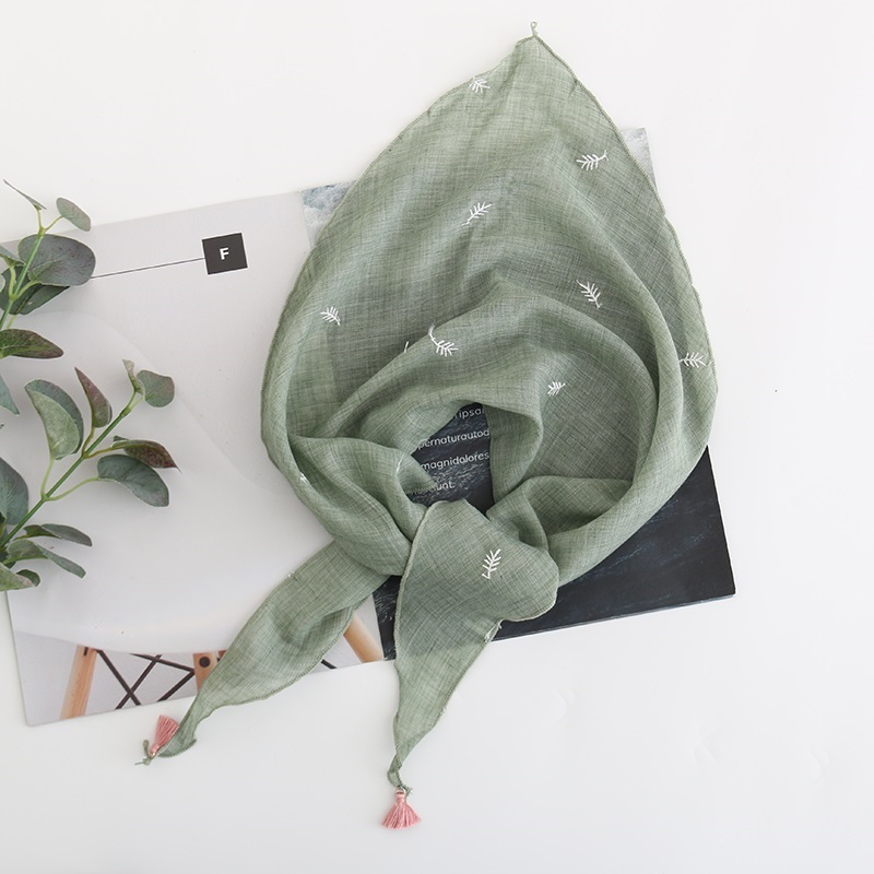 Fashion Pea Green Small Leaf Embroidered Tassel Triangle Scarf,Thin Scaves