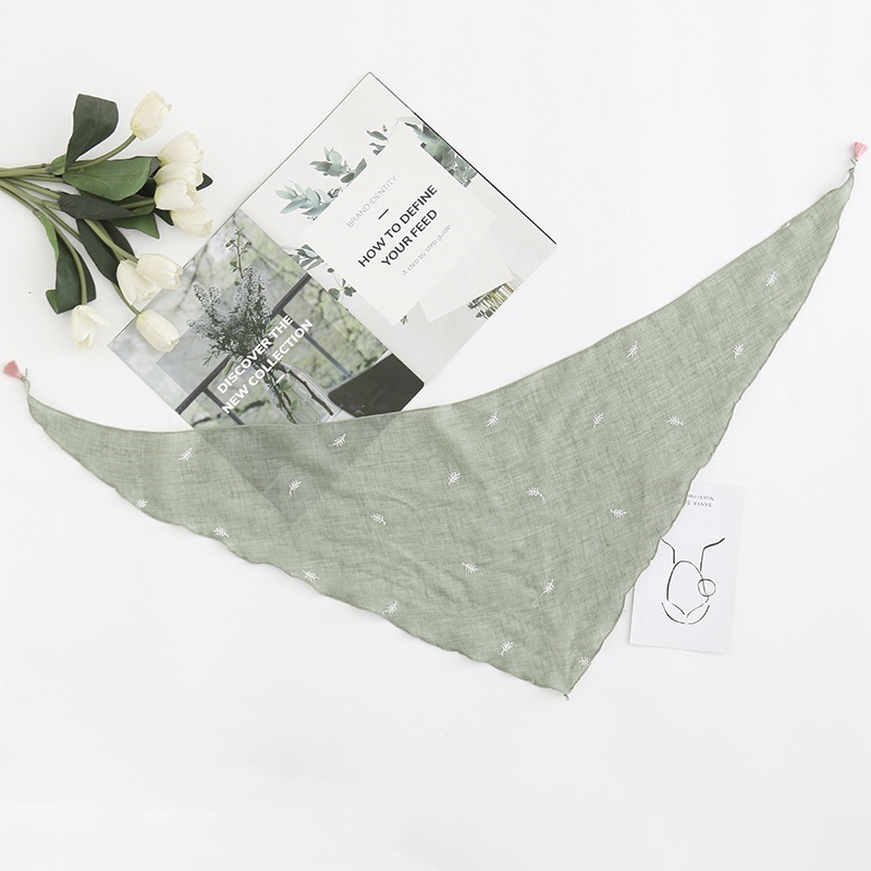 Fashion Pea Green Small Leaf Embroidered Tassel Triangle Scarf,Thin Scaves