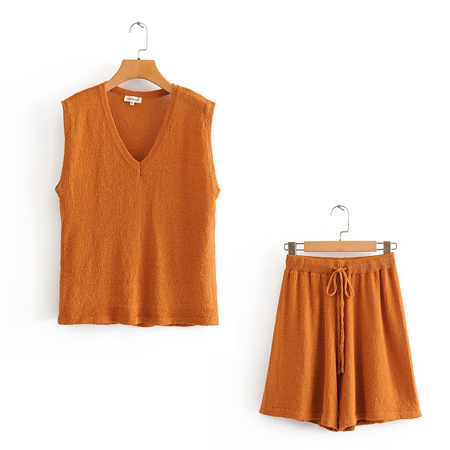 Fashion Coffee Color V-neck Sleeveless Knit Top With Lace Shorts Set,Tank Tops & Camis